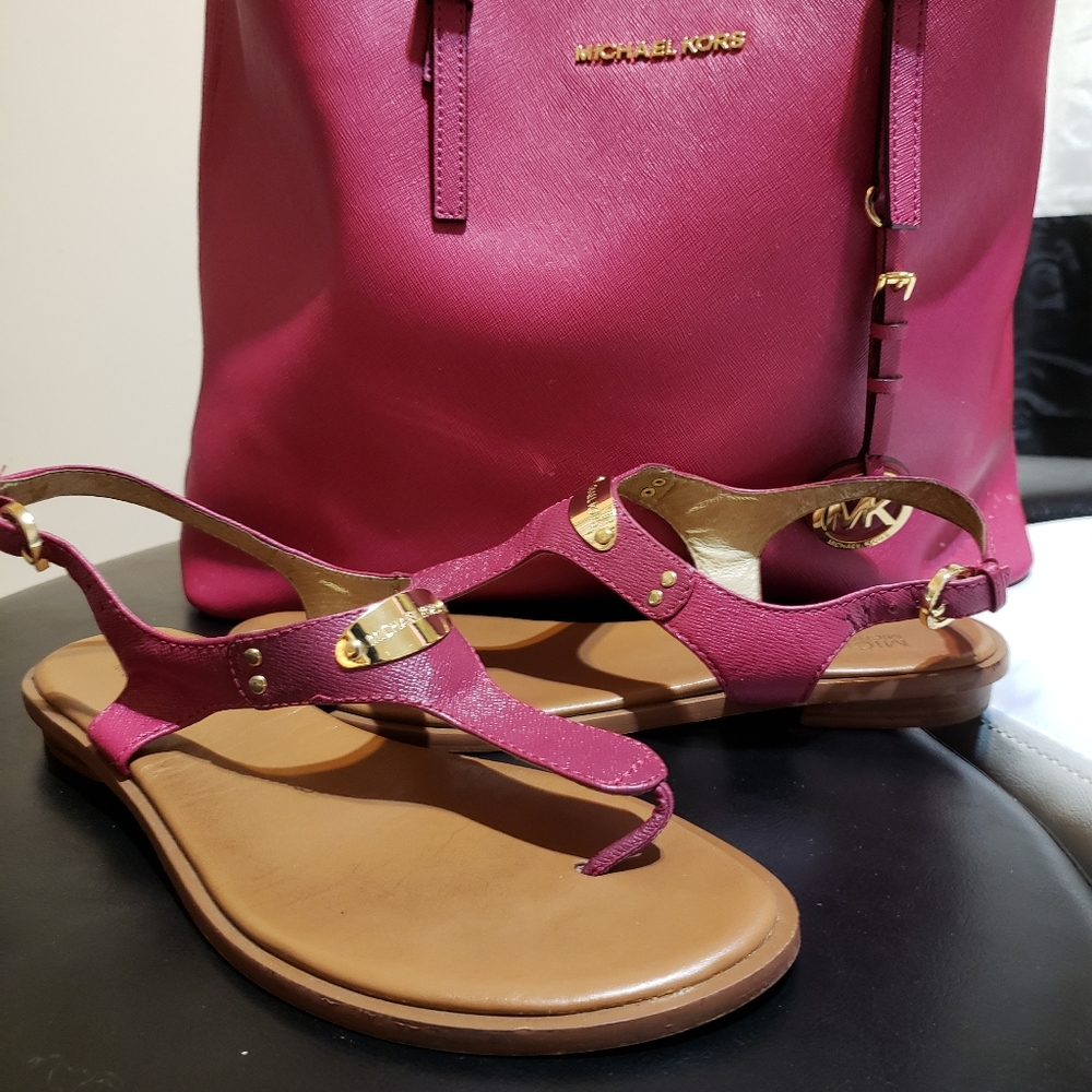 Michael Kors "Plate" Sandals US 9.5 Fuchsia Pink & Medium Tote Bag Sold Together